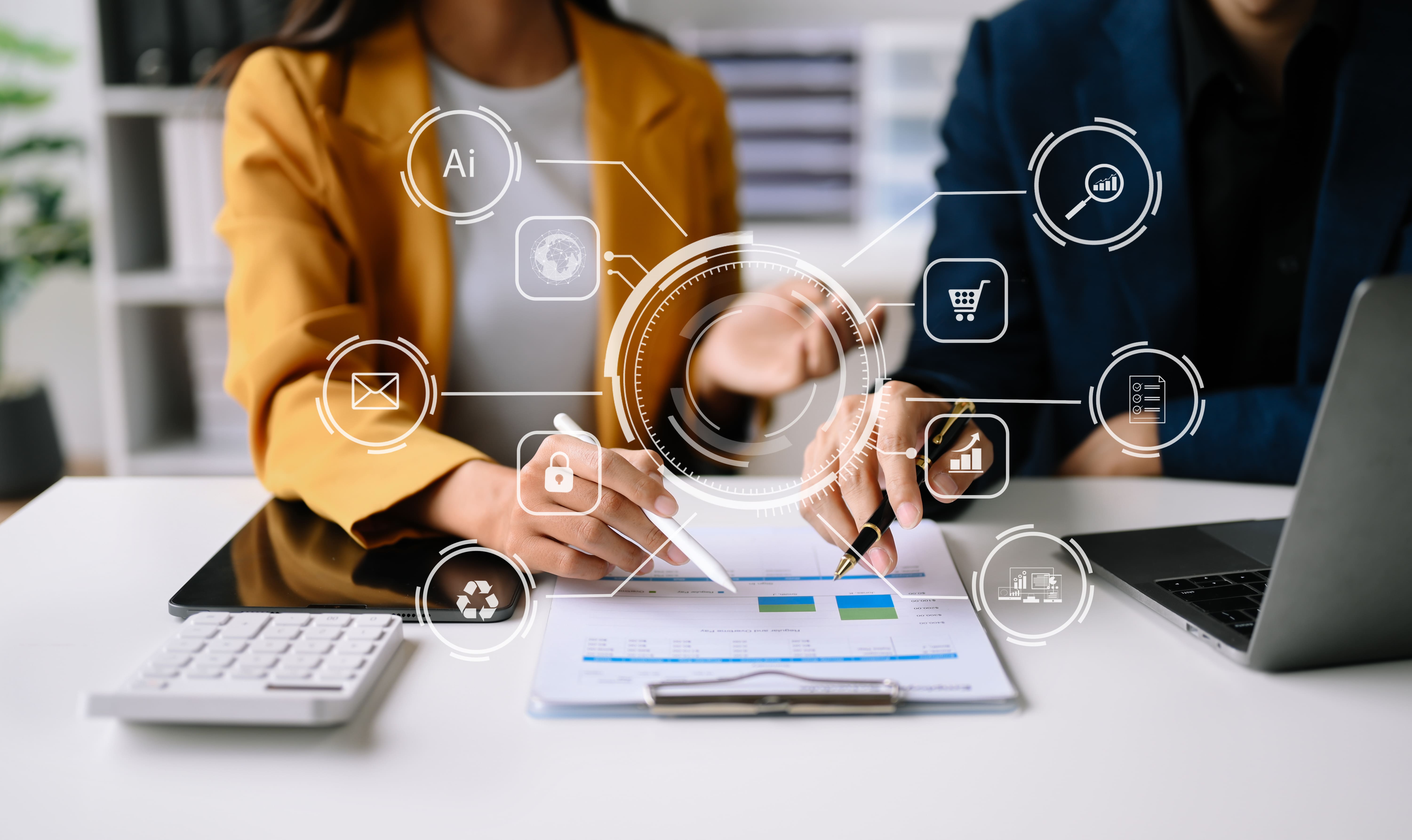 Modern commercial building with digital overlays illustrating global facility management technology and KPI dashboards.